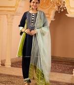 Navy blue mul chanderi a shape with farshi salwar 3 piece suit set