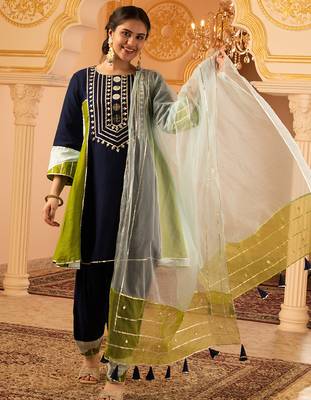 Navy blue mul chanderi a shape with farshi salwar 3 piece suit set 2