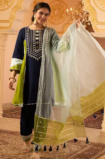 Navy blue mul chanderi a shape with farshi salwar 3 piece suit set