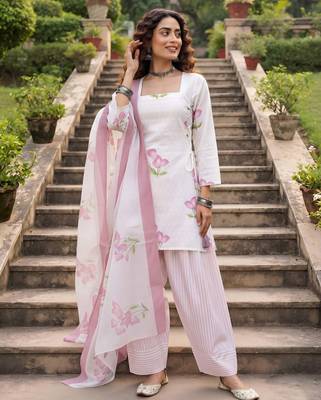 White floral printed cotton kurta set 2