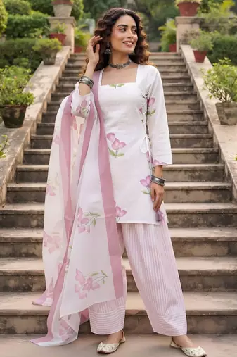 White floral printed cotton kurta set