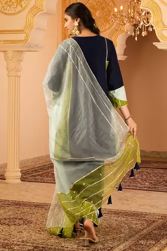 Navy blue mul chanderi a shape with farshi salwar 3 piece suit set