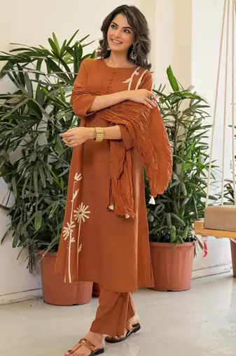 Brown rayon printed kurta set