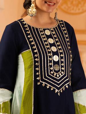 Navy blue mul chanderi a shape with farshi salwar 3 piece suit set 4