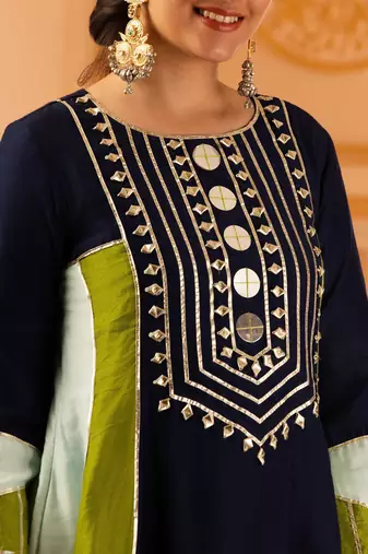 Navy blue mul chanderi a shape with farshi salwar 3 piece suit set