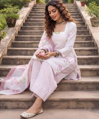 White floral printed cotton kurta set 4