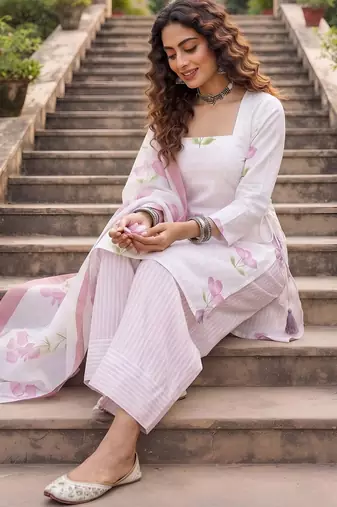 White floral printed cotton kurta set
