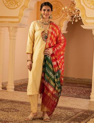 Beige golden hand embroidered silk 3 piece suit set 1