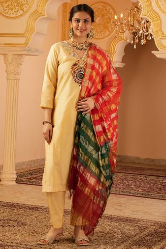 Beige golden hand embroidered silk 3 piece suit set