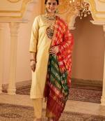 Beige golden hand embroidered silk 3 piece suit set