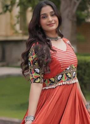 Orange rayon embroidered flared gown set 1
