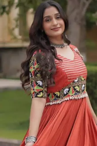 Orange rayon embroidered flared gown set