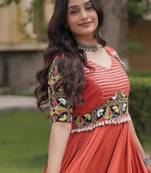 Orange rayon embroidered flared gown set