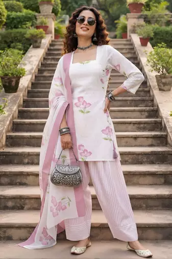 White floral printed cotton kurta set