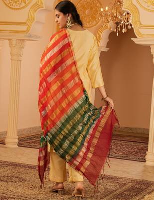 Beige golden hand embroidered silk 3 piece suit set 2