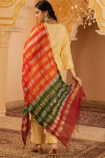 Beige golden hand embroidered silk 3 piece suit set