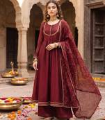 Maroon hand embroidered silk blend kurta set