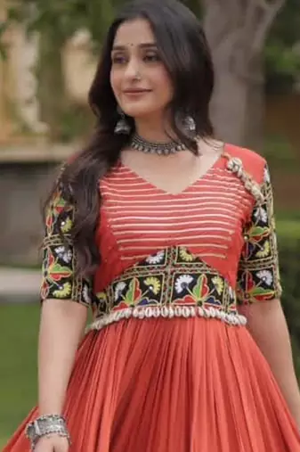 Orange rayon embroidered flared gown set
