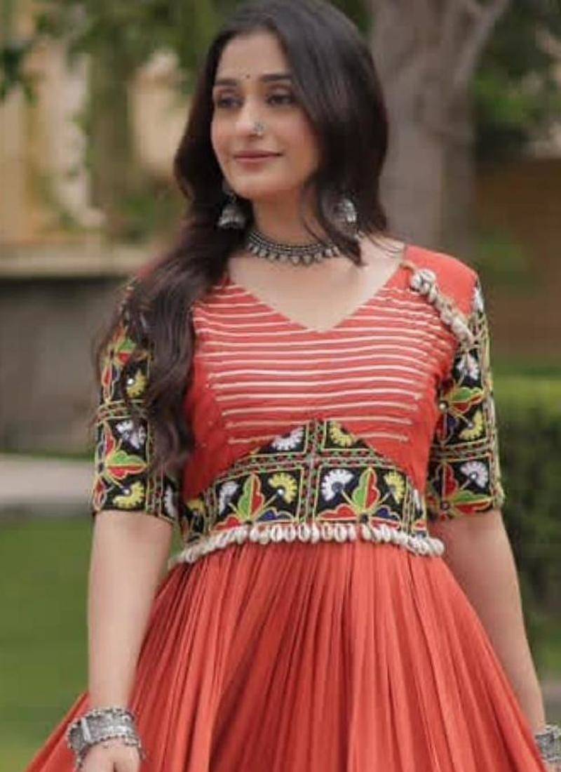 Orange rayon embroidered flared gown set
