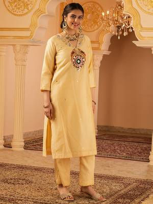 Beige golden hand embroidered silk 3 piece suit set 3