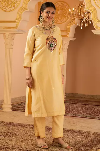 Beige golden hand embroidered silk 3 piece suit set