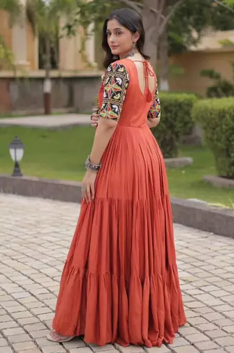Orange rayon embroidered flared gown set