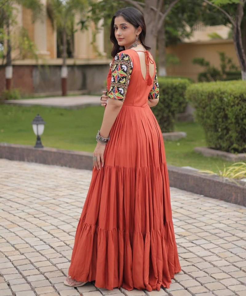 Orange rayon embroidered flared gown set