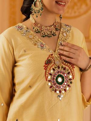 Beige golden hand embroidered silk 3 piece suit set 4