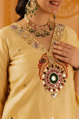 Beige golden hand embroidered silk 3 piece suit set