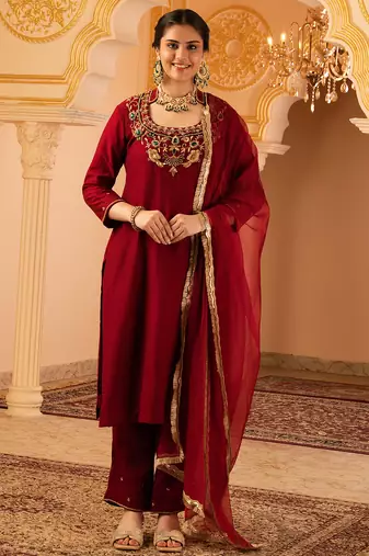 Maroon hand embroidered mul chanderi 3 piece suit set