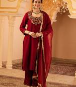 Maroon hand embroidered mul chanderi 3 piece suit set