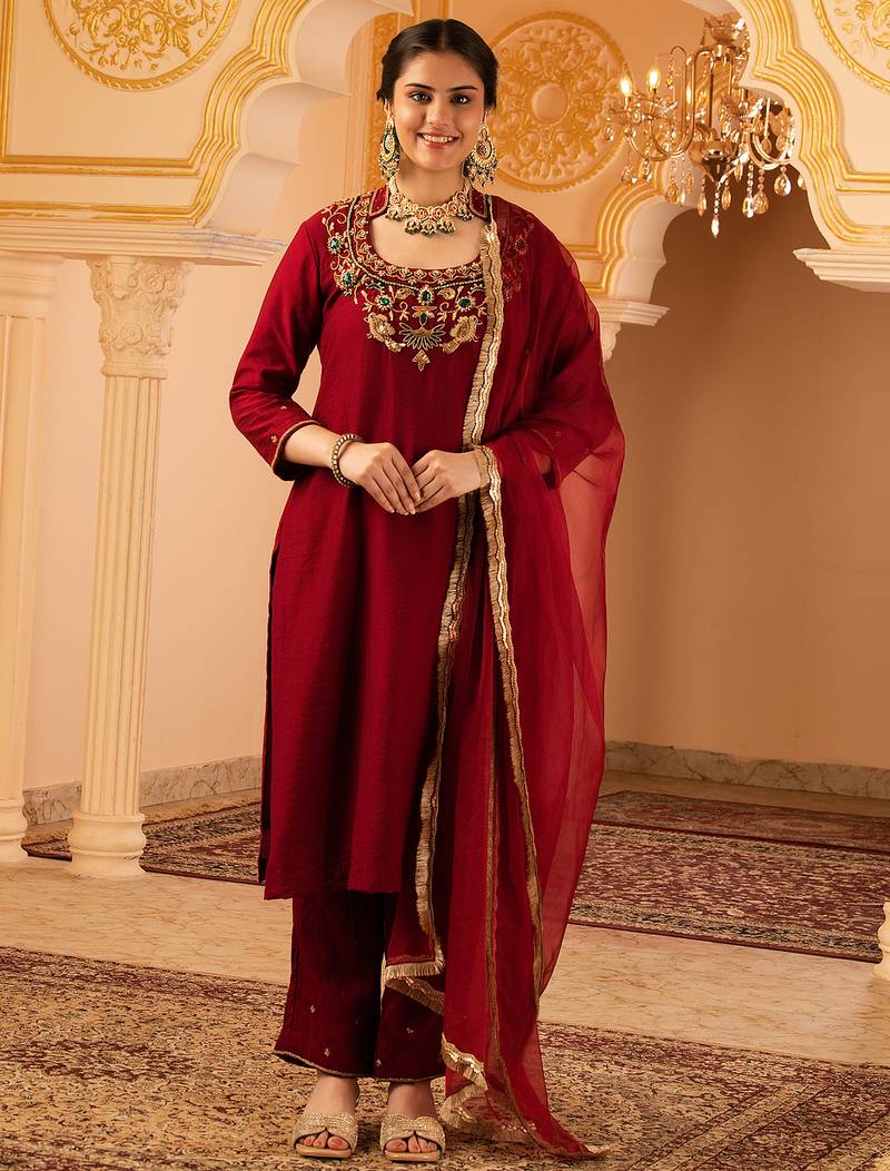 Maroon hand embroidered mul chanderi 3 piece suit set