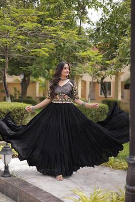 Black rayon embroidered flared gown set 1
