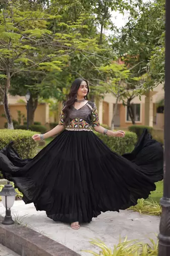 Black rayon embroidered flared gown set