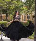 Black rayon embroidered flared gown set