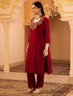 Maroon hand embroidered mul chanderi 3 piece suit set 2