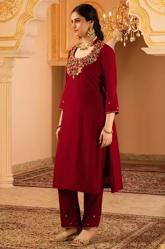Maroon hand embroidered mul chanderi 3 piece suit set