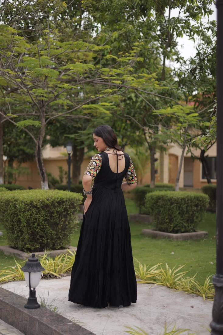 Black rayon embroidered flared gown set