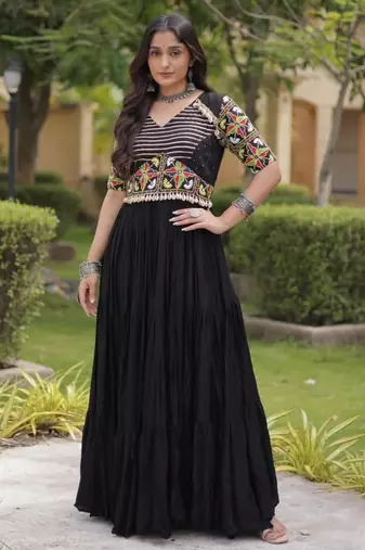 Black rayon embroidered flared gown set