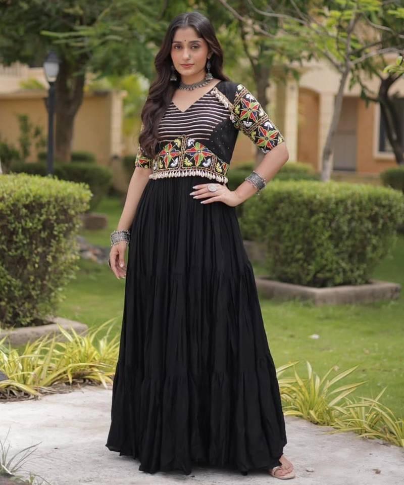 Black rayon embroidered flared gown set