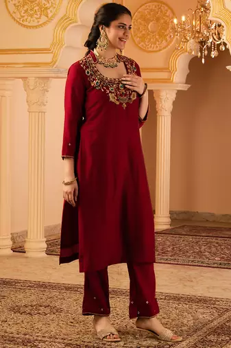 Maroon hand embroidered mul chanderi 3 piece suit set