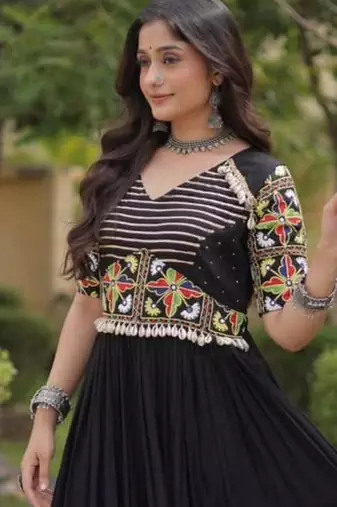 Black rayon embroidered flared gown set
