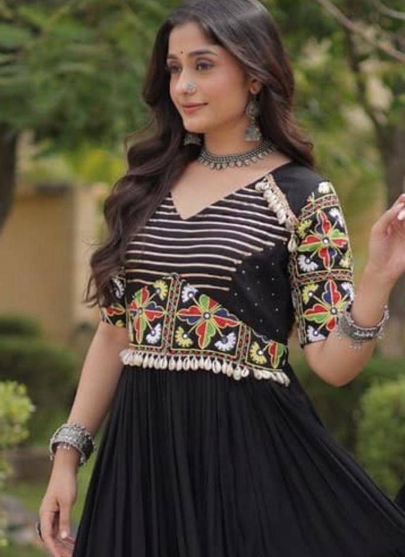 Black rayon embroidered flared gown set