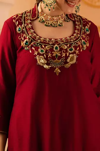 Maroon hand embroidered mul chanderi 3 piece suit set