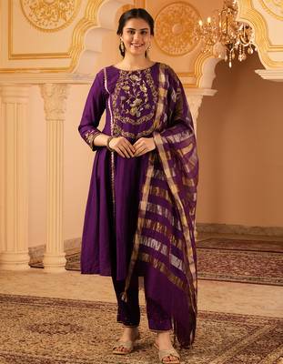 Purple hand embroidered a-shape mul chanderi 3 piece suit set 1