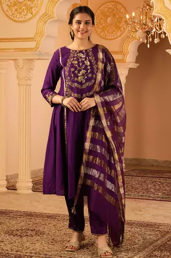Purple hand embroidered a-shape mul chanderi 3 piece suit set