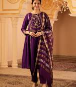 Purple hand embroidered a-shape mul chanderi 3 piece suit set