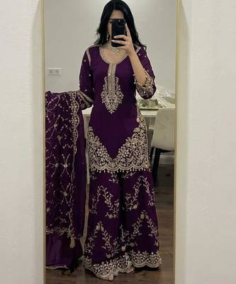 Purple faux georgette embroidered palazzo set 1