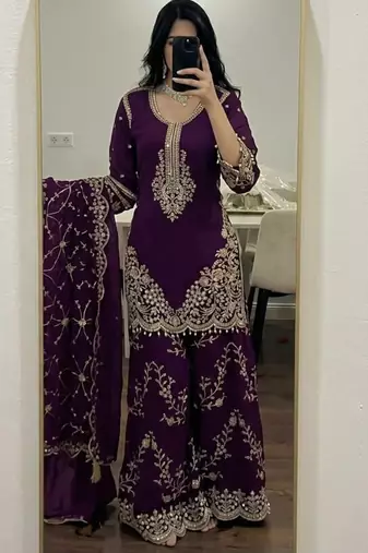 Purple faux georgette embroidered palazzo set