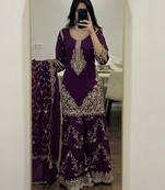 Purple faux georgette embroidered palazzo set